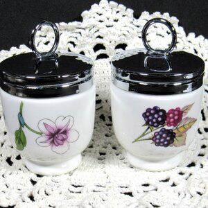 Egg Coddler & Lids Royal Worcester Peach Berries Flowers Vintage Pair